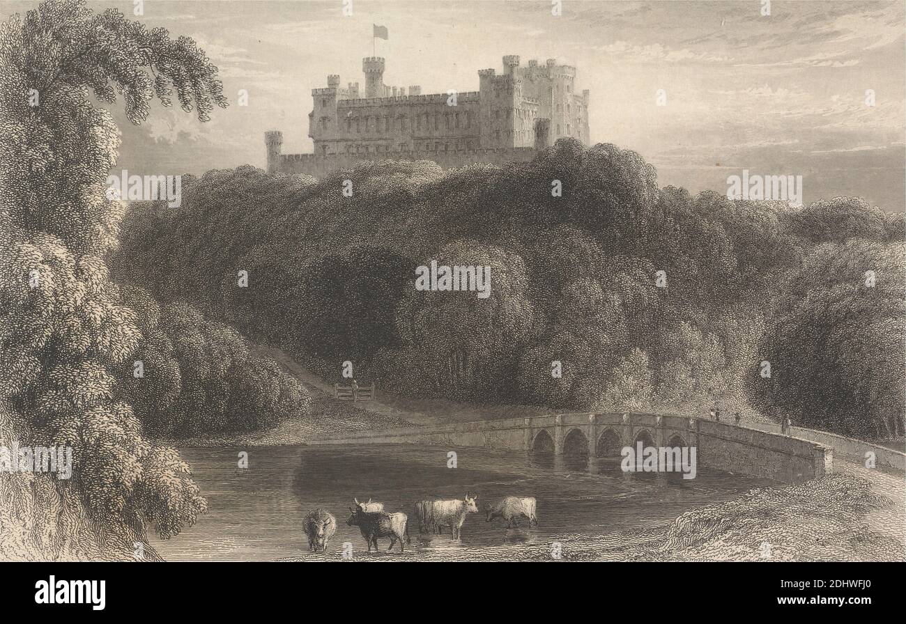 Belvoir Castle, Rutland, M. J. Starling, active 1830, after William Daniell, 1769–1837, British, Published by Edward Churton, active 1835, British, 1835, Line engraving and etching on moderately thick, slightly textured, cream wove paper with cream chine collé, Sheet: 7 7/8 x 10 1/8 inches (20 x 25.7 cm), Plate: 6 5/8 x 10 1/4 inches (16.8 x 26 cm), Sheet: 6 3/8 x 10 inches (16.2 x 25.4 cm), and Image: 4 1/8 x 6 3/4 inches (10.5 x 17.1 cm), architectural subject, bridge (built work), castle, cattle, country house, cows, figures, flag, hills, landscape, mansion, path, river, road, trees Stock Photo