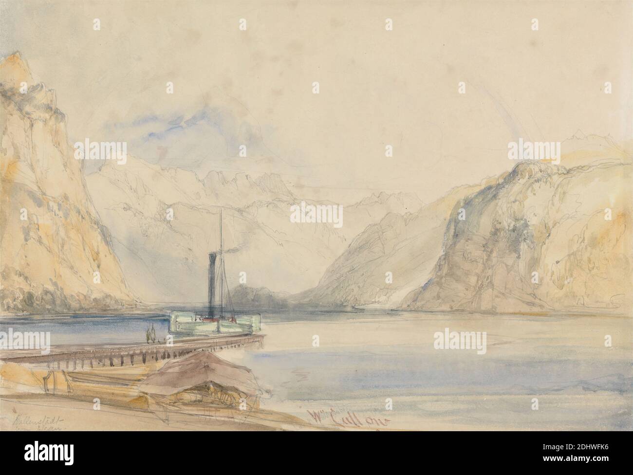 Wallenstadt from Wesen, Switzerland, William Callow, 1812–1908, British, active in France, 1838, Watercolor over graphite on medium, slightly textured, blued white wove paper, Sheet: 9 3/4 x 14 1/4 inches (24.8 x 36.2 cm), boats, lake, landscape, marine art, meteorology, mountains, pier (marine landing), rainbow, science, steamboat, Europe, St. Gallen, Switzerland, Walensee, Walenstadt Stock Photo