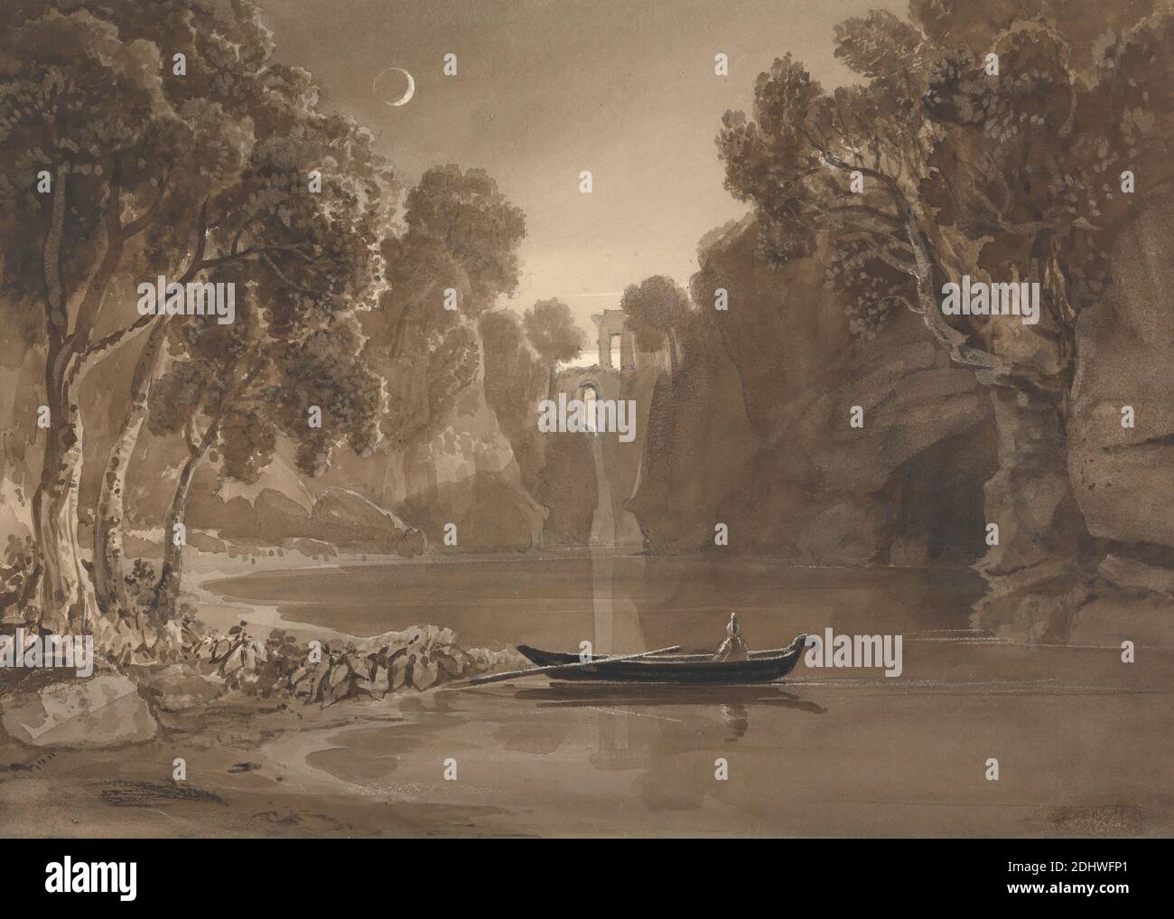 The Moonlit Lake, attributed to Samuel Jackson, 1794–1869, British, formerly attributed to Francis Danby, 1793–1861, Irish, undated, Brown wash and graphite, with scraping out on moderately thick, slightly textured, cream wove paper, Sheet: 9 1/2 x 13 3/8 inches (24.1 x 34 cm), boat, cave, genre subject, lake, landscape, moon, moonlight, night, temple, trees Stock Photo