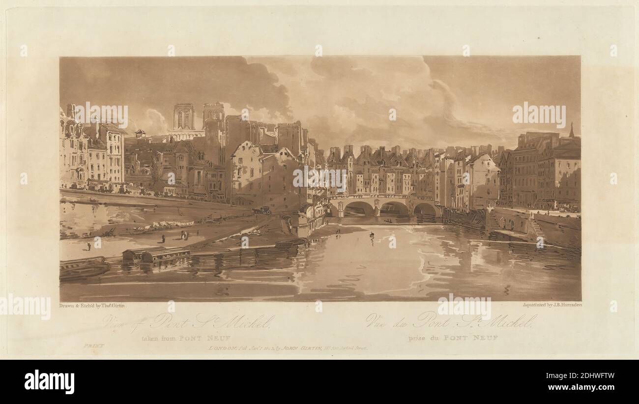 View of the Pont St. Michael, taken from the Pont Neuf, 1803, Richard Banks Harraden, 1778–1862, British, after Thomas Girtin, 1775–1802, British, 1803, Aquatint and etching, Image: 10 x 17 7/8in. (25.4 x 45.4cm) and Sheet: 15 3/4 x 24 1/2in. (40 x 62.2cm), Cathédrale Notre-Dame de Paris, Europe, France, Paris, Pont Neuf, Pont Saint Michel, Seine, Ville de Paris, Départment de, Île-de-France Stock Photo