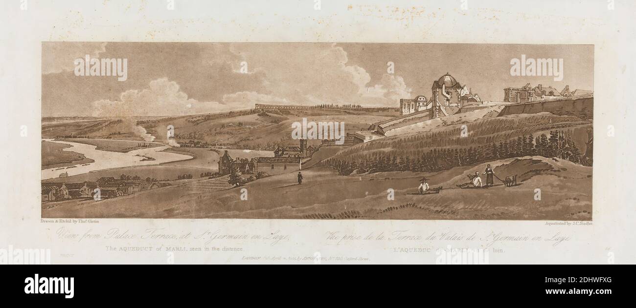 View from Palace Terrace at St. Germain en Laye; The Aqueduct of Marli seen in the distance 1803; Plate 16 from Views in Paris, the Emanuel Volume tracing of the plate, B1981.25.2625, Richard Banks Harraden, 1778–1862, British, after Thomas Girtin, 1775–1802, British, 1803, Etching, Acqueduct of Louveciennes, Europe, France, Louveciennes, Marly-le-Roi, Saint-Germain-en-Laye, Saint-Germain-en-Laye, Château de, Seine, Yvelines, Île-de-France Stock Photo