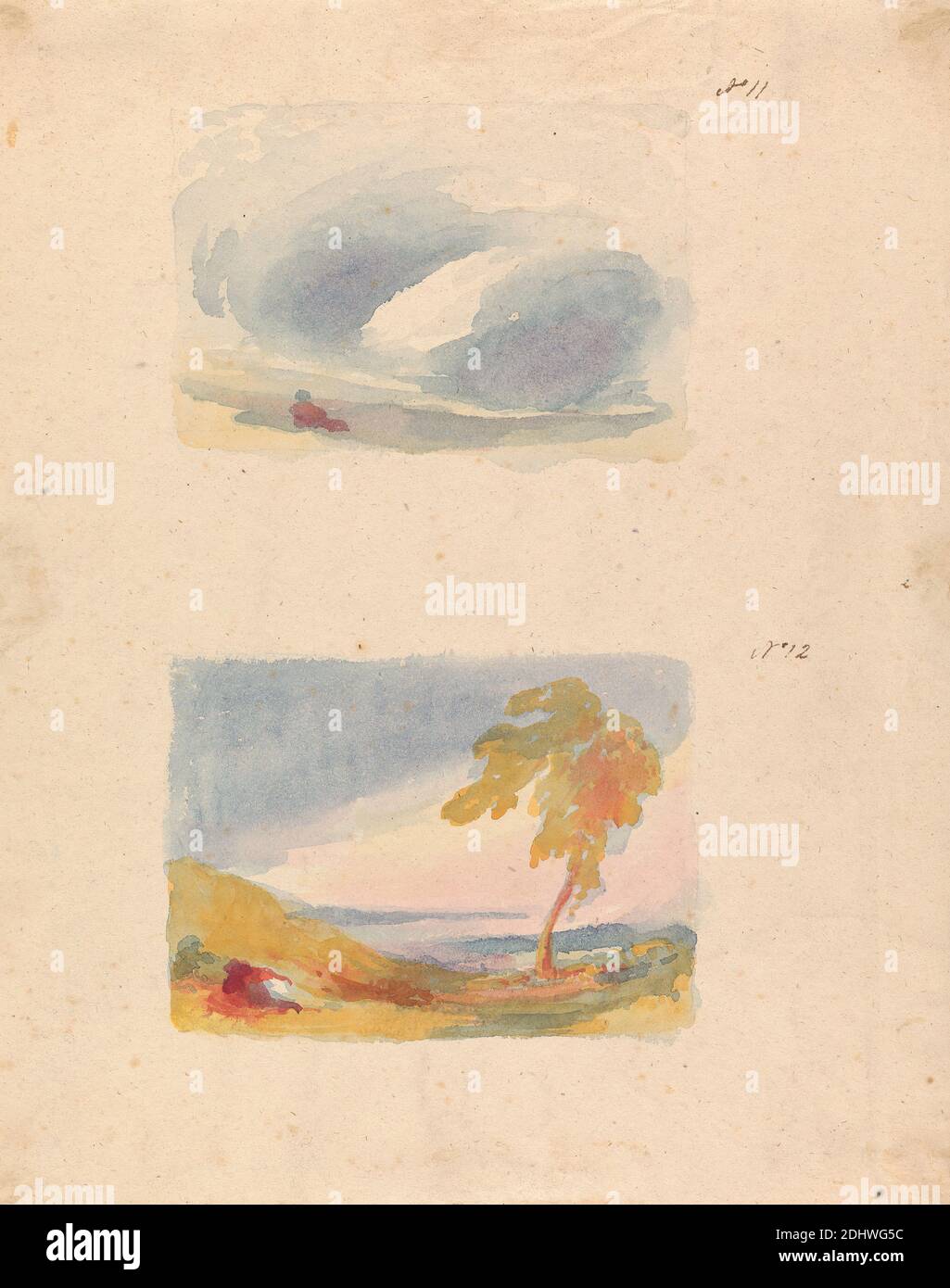 Two Drawings on One Sheet: Sky Study - Turner's Principle (no. 11); Landscape With Hills and Tree (no. 12), Thomas Sully, 1783–1872, American, undated, Watercolor on medium, slightly textured, beige, wove paper, Sheet: 10 15/16 × 8 11/16 inches (27.8 × 22.1 cm Stock Photo