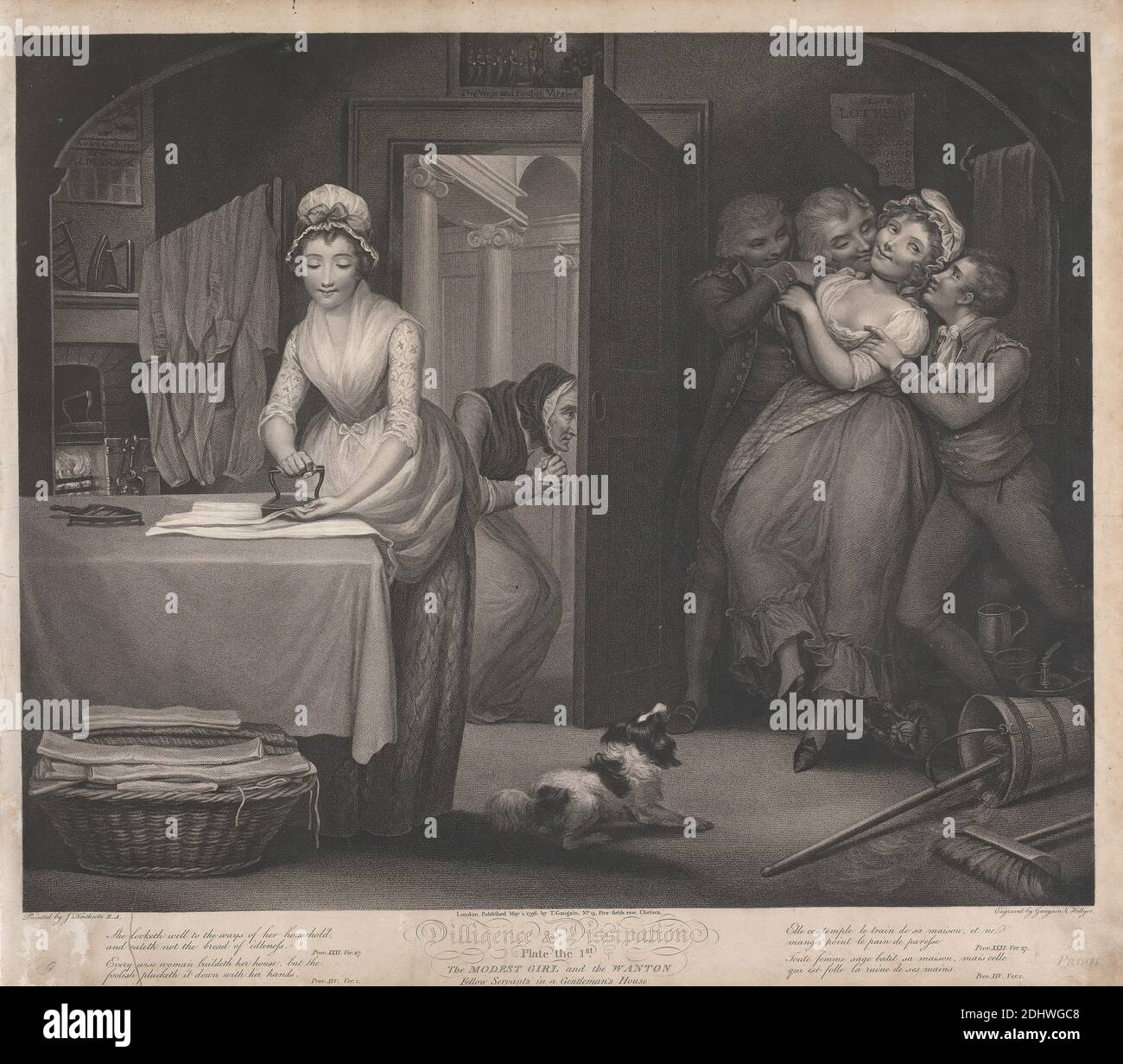 Diligence and Dissipation: The Modest Girl and the Wanton/ Fellow Servants in a Gentleman's House (Plate 1), Print made by Thomas Gaugain, 1748–1812, French, and Thomas Hellyer, active 1800, British, after James Northcote, 1746–1831, British, 1797, Stipple engraving, open letter proofs, Sheet: 18 1/2 x 20 13/16in. (47 x 52.9cm), bonnets, dog (animal), fireplace, iron, literary theme, men, servants Stock Photo