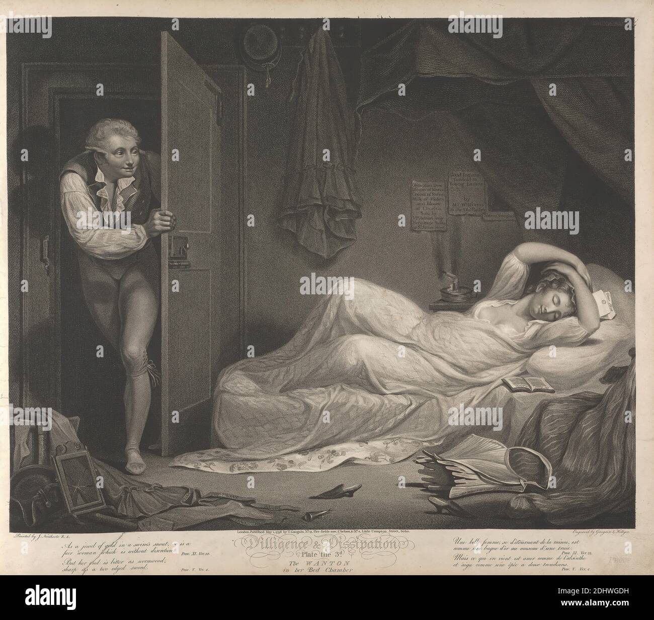Diligence and Dissipation: The Wanton in her Bed Chamber (Plate 3), Print made by Thomas Gaugain, 1748–1812, French, and Thomas Hellyer, active 1800, British, after James Northcote, 1746–1831, British, 1797, Stipple engraving, open letter proofs, Sheet: 18 1/2 x 20 13/16in. (47 x 52.9cm), bedroom, corset, literary theme, nightgown, sleeping Stock Photo