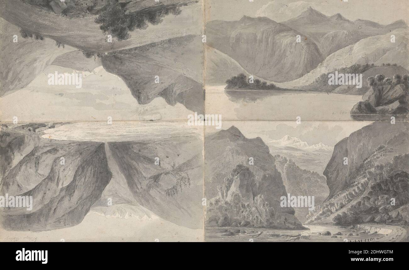 1) (ll) Lake at Davos, 2) (lr) Entrance of the Pass to Segnes, 3) (ur) Wiesen, Isaac Weld, 1774–1856, Irish, 1817, Pen in black ink, gray ink, gray wash, graphite on moderately thick, moderately textured, cream, wove paper, Sheet: 9 7/16 × 15 inches (24 × 38.1 cm Stock Photo