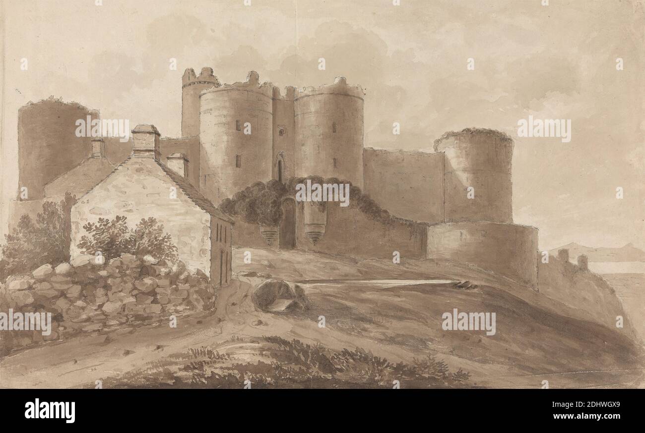 Harlech Castle, Isaac Weld, 1774–1856, Irish, 1810, Graphite and brown wash on medium, moderately textured, beige, wove paper, Sheet: 9 7/16 × 15 1/4 inches (24 × 38.7 cm Stock Photo
