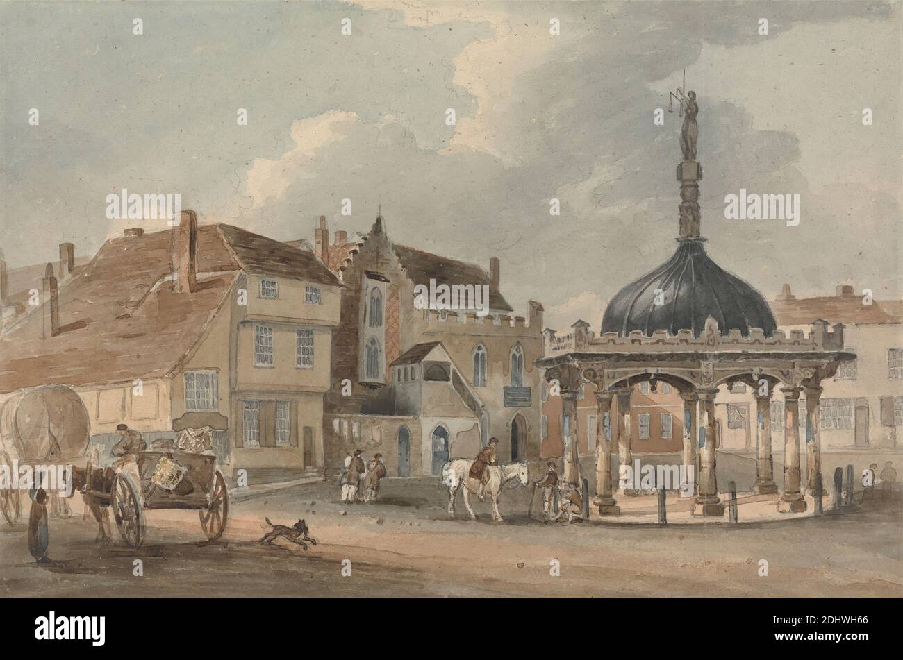 Corn Hill and Moot Hall, Ipswich, George Frost, 1745–1821, British, undated, Watercolor and graphite on medium, slightly textured, cream wove paper, Sheet: 8 7/8 × 13 1/4 inches (22.5 × 33.7 cm), arches, architectural subject, carts, columns, dome, horses (animals), plaza, statue, England, Europe, Ipswich, Suffolk, United Kingdom Stock Photo