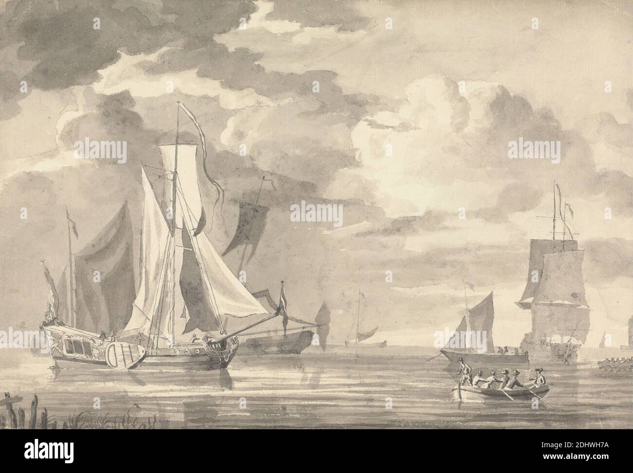 Various Shipping off the Coast, John Greenwood, 1727–1792, American, active in Britain (from 1763), undated, Graphite, pen and ink, wash on medium, slightly textured, cream laid paper, Sheet: 8 3/8 x 12 3/8in. (21.3 x 31.4cm) and Sheet: 8 3/8 × 12 3/8 inches (21.3 × 31.4 cm), men, ocean, rowboat, sails, ships Stock Photo