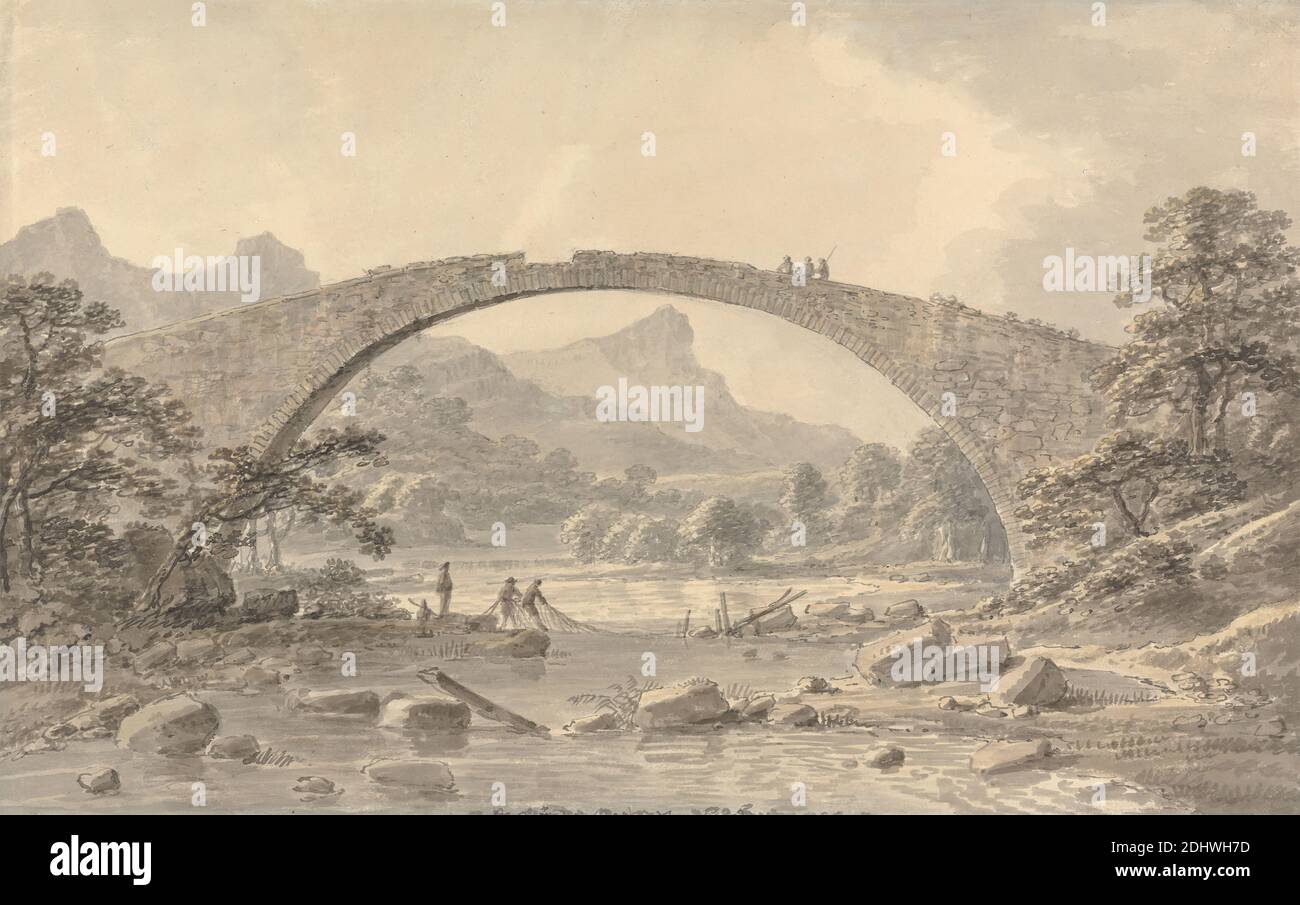 Pont Newydd near Dolgelly, Amos Green, 1735–1807, British, undated, Watercolor, wash over graphite on medium, slightly textured, cream wove paper, Sheet: 9 3/4 x 15 3/8in. (24.8 x 39.1cm) and Sheet: 9 3/4 × 15 1/2 inches (24.8 × 39.4 cm), architectural subject, bridge (built work), men, mountain, river, ruins, Cwmbran, Pontnewydd, Torfaen, United Kingdom, Wales Stock Photo