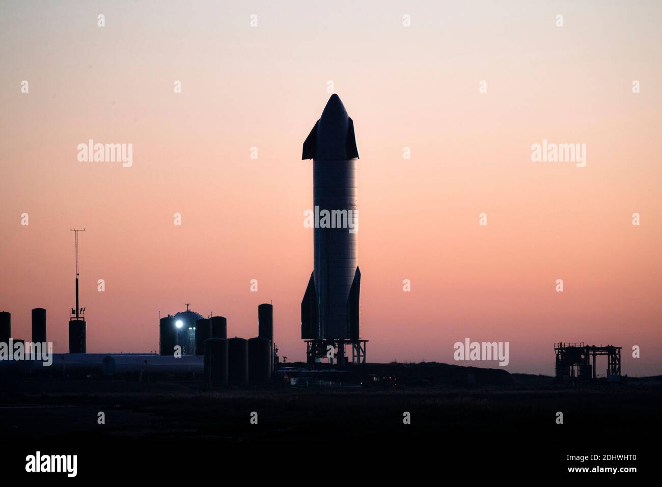 TEXAS, USA - 09 December 2020 - The SpaceX Starship serial number 8 (SN8) lifted off from our Cameron County launch pad and successfully ascended, tra Stock Photo