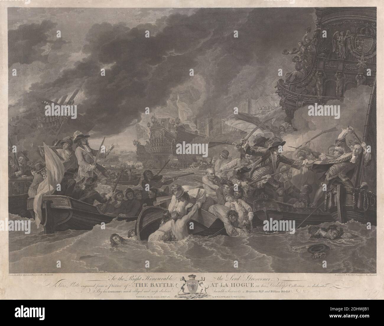 The Battle at La Hogue, William Woollett, 1735–1785, British, after Benjamin West, 1738–1820, American, active in Britain (from 1763), 1781, Etching and engraving on moderately thick, moderately textured, beige, laid paper, Sheet: 19 3/4 × 25 1/16 inches (50.2 × 63.7 cm) and Image: 16 7/8 × 23 3/8 inches (42.9 × 59.4 cm), battle, bayonets, boats, costume, death, drama, fire, flags, fleets, La Hogue, Battle of, 1692, marine art, military art, sea, ships, smoke, soldiers, swords, war Stock Photo