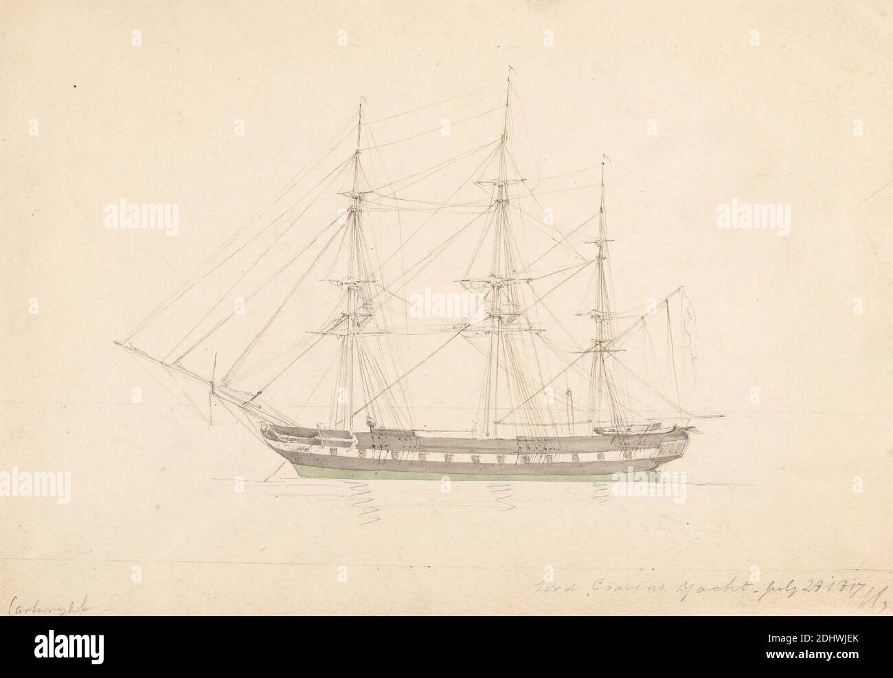Lord Craven's Yacht, July 23, 1817, Joseph Cartwright, c.1789–1829, British, 1817, Watercolor, with pen, in brown ink and graphite on medium, slightly textured, cream, wove paper, mounted on, moderately thick, slightly textured, cream, wove paper, Mount: 15 7/8 × 15 5/8 inches (40.3 × 39.7 cm) and Sheet: 7 5/8 × 10 15/16 inches (19.4 × 27.8 cm Stock Photo