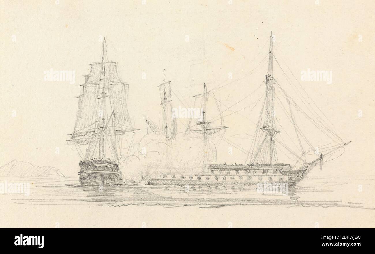 Four Ships at Battle, Joseph Cartwright, c.1789–1829, British, undated, Graphite on medium, moderately textured, cream, wove paper, mounted on, moderately thick, slightly textured, cream, wove paper, Mount: 15 1/4 × 16 5/16 inches (38.7 × 41.4 cm) and Sheet: 5 × 8 3/16 inches (12.7 × 20.8 cm Stock Photo