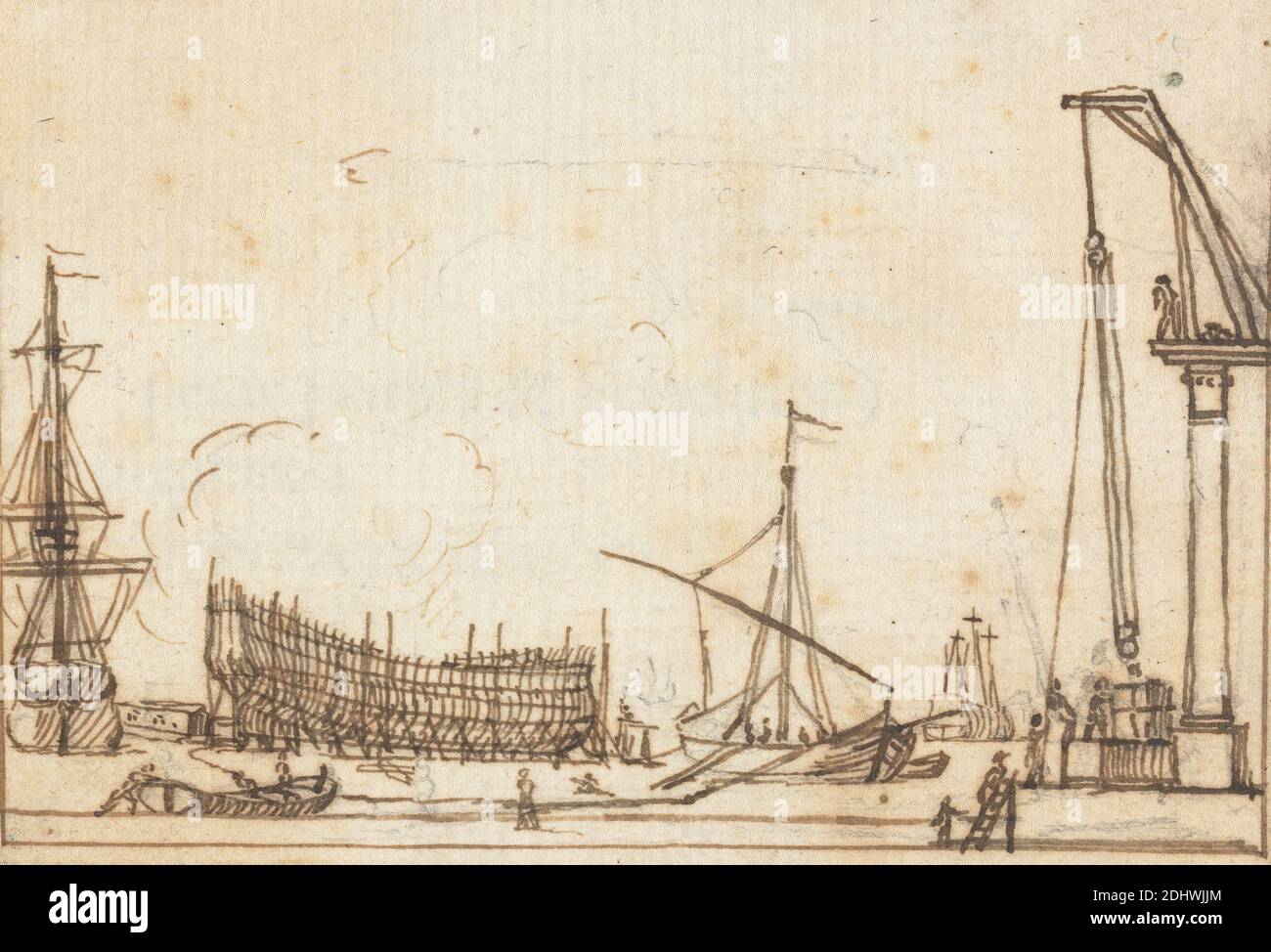 Dock Scene: Boats and Ships of Various Sizes; Ship-Building; Pully-like Machines with Operators, Joseph Cartwright, c.1789–1829, British, undated, Pen, in brown ink and graphite on moderately thick, moderately textured, beige, laid paper, mounted on moderately thick, smooth, beige, wove paper, Mount: 14 3/8 × 16 3/4 inches (36.5 × 42.5 cm) and Sheet: 2 5/8 × 3 13/16 inches (6.7 × 9.7 cm Stock Photo