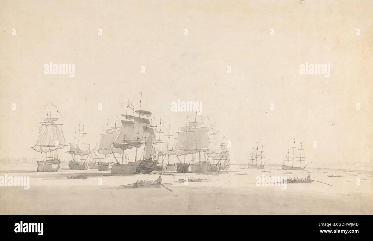 Several Battleships at Battle: Row Boats with Figures, Joseph Cartwright, c.1789–1829, British, undated, Pen and black ink, gray ink, gray wash and graphite on medium, moderately textured, blued white, laid paper, mounted on, moderately thick, smooth, beige, wove paper, Mount: 12 7/8 × 19 7/8 inches (32.7 × 50.5 cm) and Sheet: 11 x 18 7/8in. (27.9 x 47.9cm Stock Photo