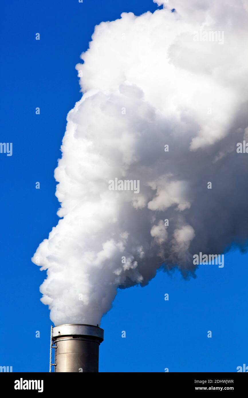 Die rauchenden Schlote einer Fabrik vor blauem Himmel. Aus dem Schornstein steigt weißer Rauch auf Stock Photo