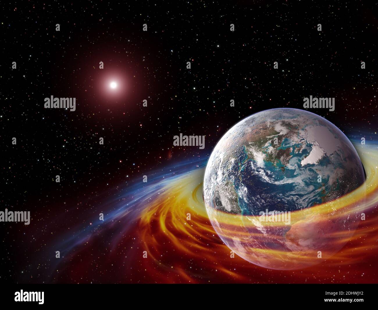 Planet Earth in a ring of particles and gas in a space with sun and stars, futuristic picture of the future. Elements of this image furnished by NASA Stock Photo