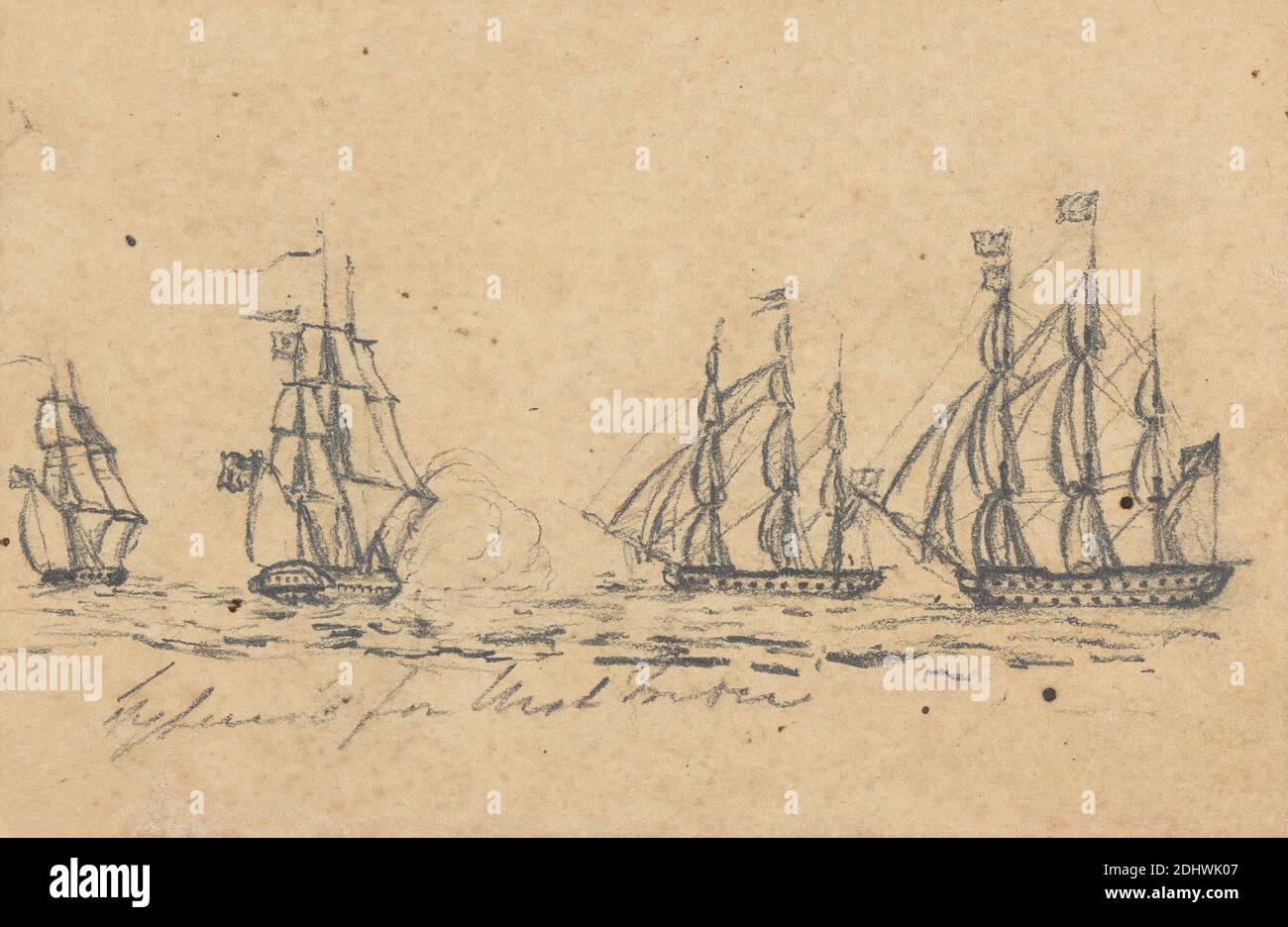 Destined (?) for West Indies: Four Battleships, Joseph Cartwright, c.1789–1829, British, undated, Graphite on thick, moderately textured, beige- brown, wove paper, Sheet: 3 x 4 1/2in. (7.6 x 11.4cm Stock Photo