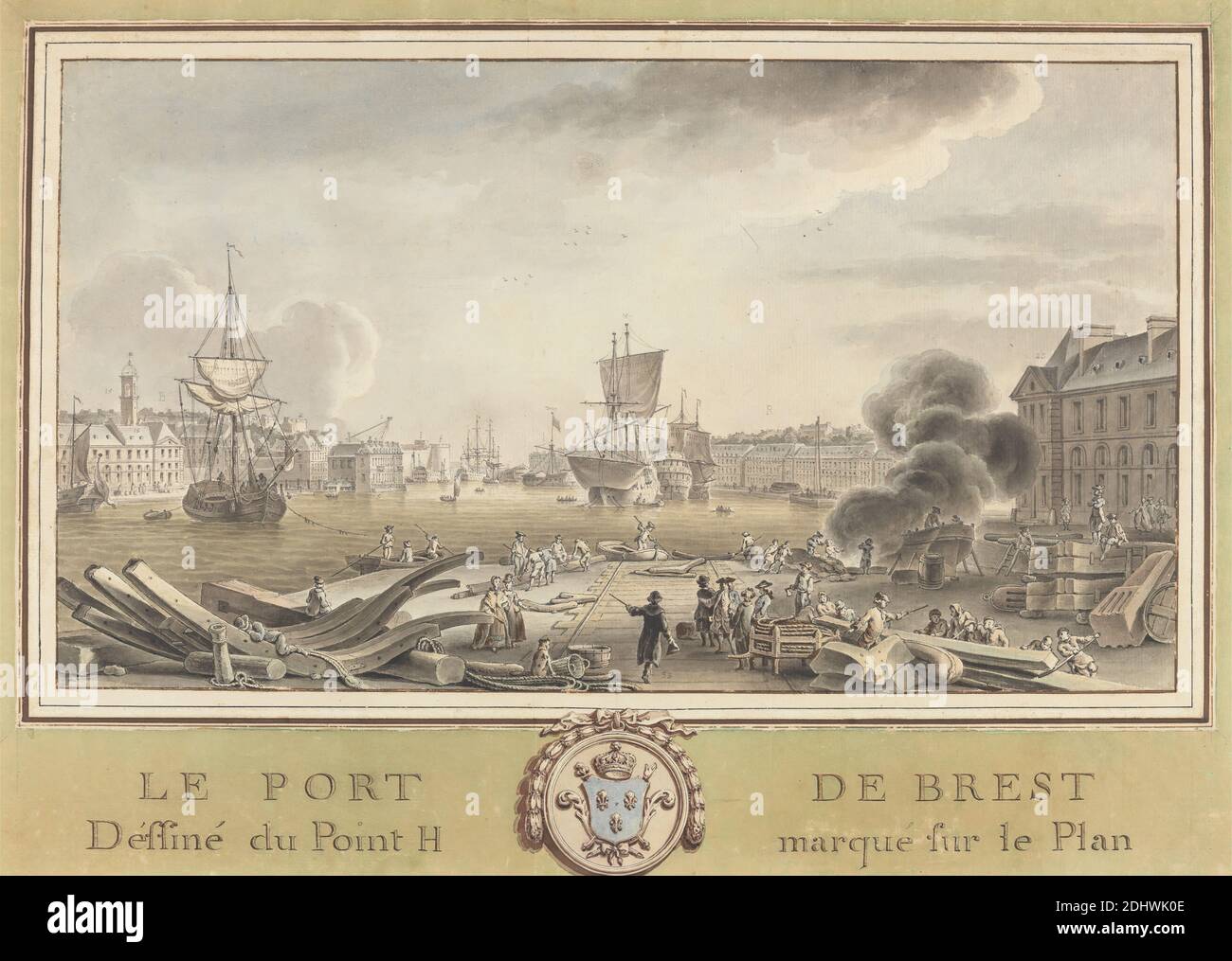 Le Pont de Brest/ Definne du Point H. Marque fur la Plan: Dock Scene with Laborers employed on Various Aspects of Ship Construction, unknown artist, undated, Watercolor, pen, and black ink on medium, slightly textured, cream laid paper, Sheet: 9 5/8 × 17 inches (24.4 × 43.2 cm) and Mount: 13 5/8 × 19 1/4 inches (34.6 × 48.9 cm Stock Photo