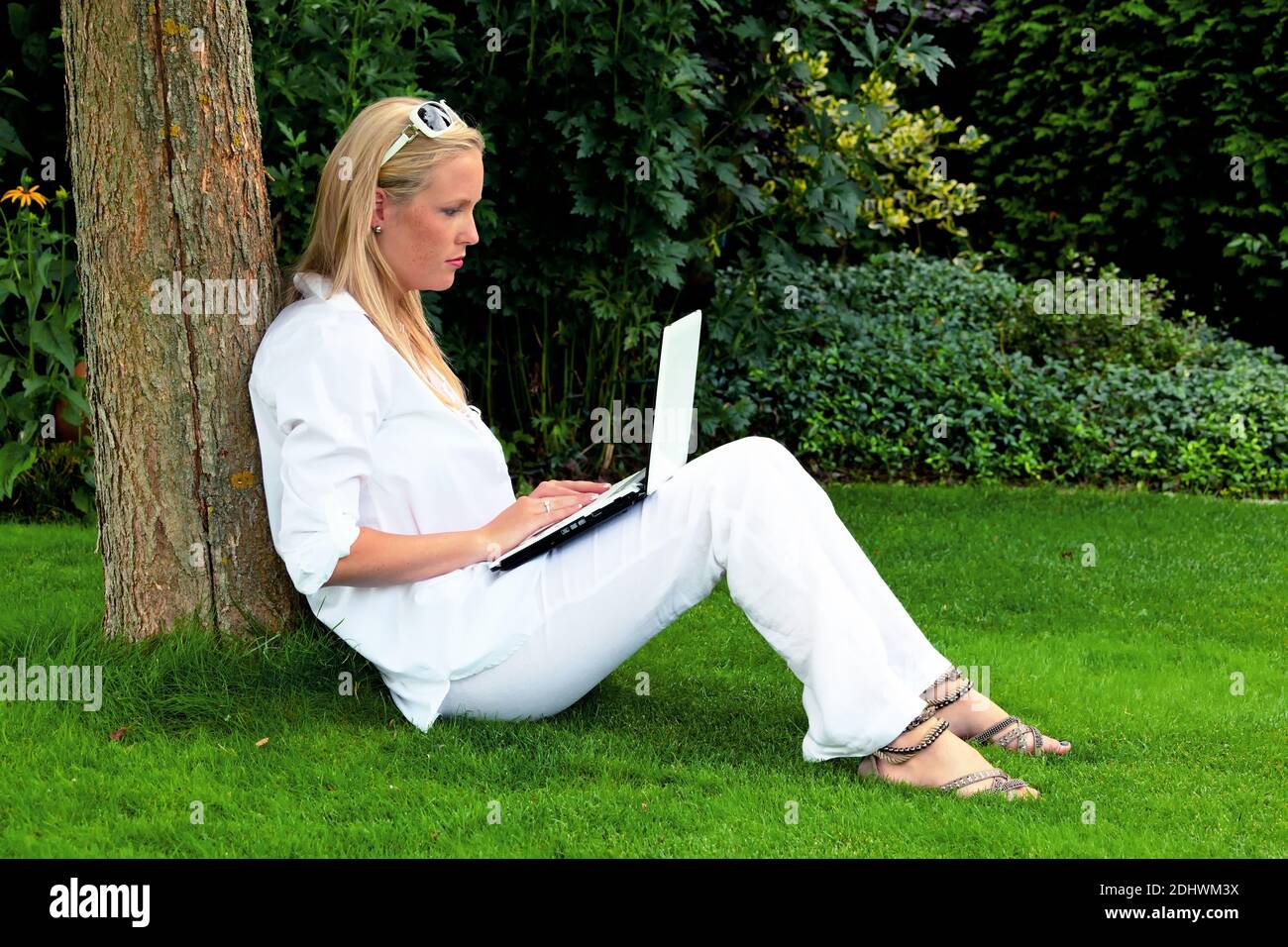 Eine junge Frau sitzt mit einem Laptop Computer im Garten und surft im Internet. WLAN im Park. Stock Photo
