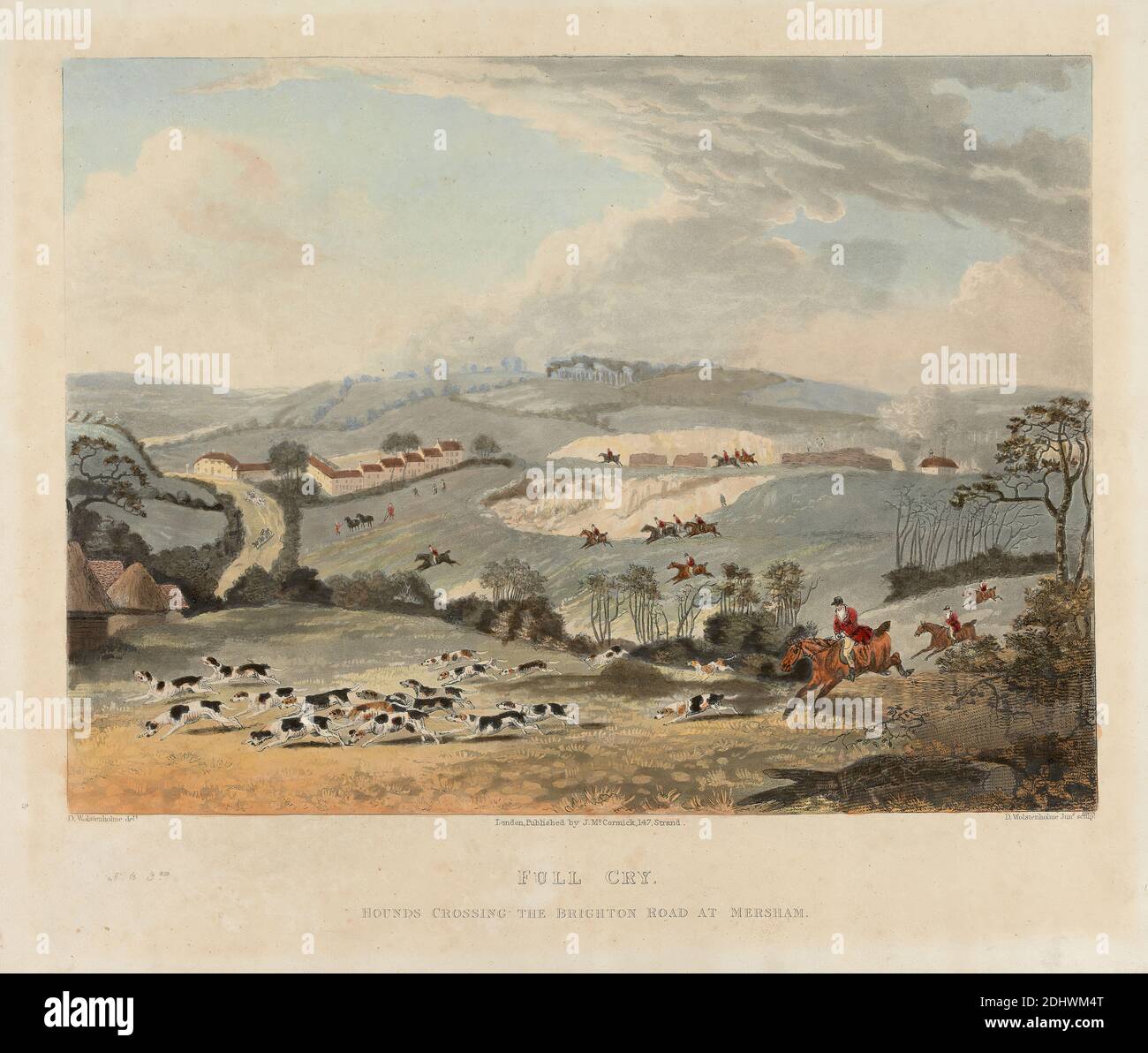 Fox-hunting set of four: (3) Full Cry / Hounds Crossing the Brighton Road at Mersham, Dean Wolstenholme, 1798–1882, British, after Dean Wolstenholme, 1757–1837, British, no date, Aquatint, hand-colored, Sheet: 9 1/4 x 12 3/4in. (23.5 x 32.4cm Stock Photo