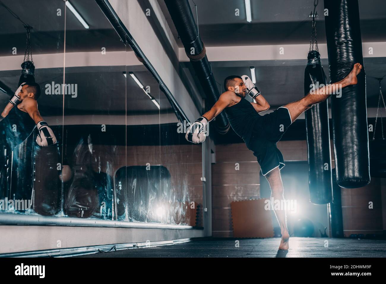 Full length view of muscular young boxer training with punching bag ...