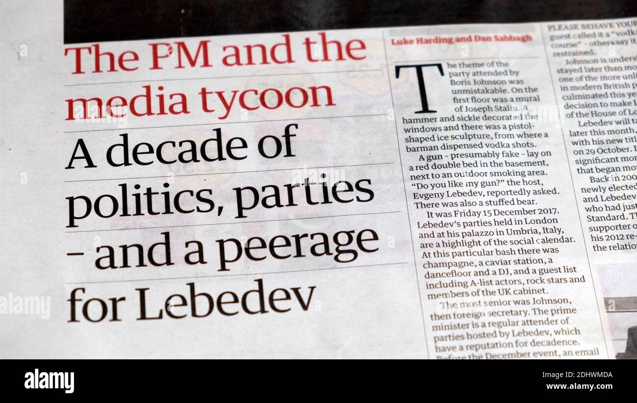 'The PM and the media tycoon, A decade of politics, parties - and a peerage for Lebedev' newspaper headline inside article London UK 21 October 2020 Stock Photo