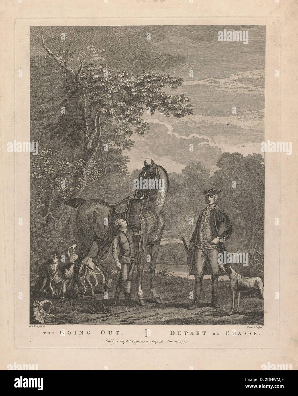 1. Going Out / Depart de Chasse, Pierre Charles Canot, ca. 1710–1777, French, active in Britain, after John Wootton, 1682–1764, British, 1770, Engraving, Sheet: 19 3/4 x 15 3/4in. (50.2 x 40cm Stock Photo