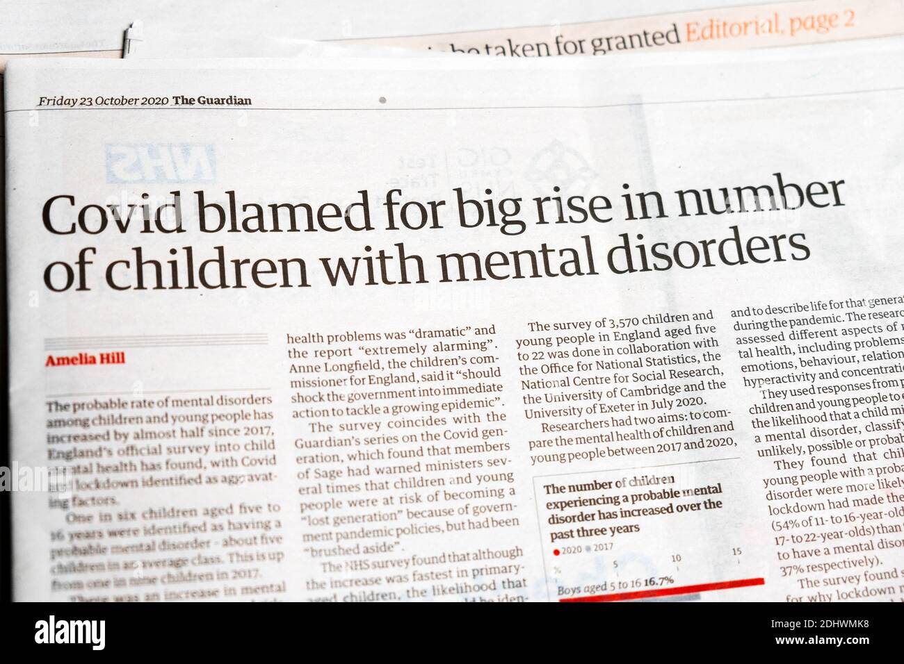 'Covid blamed for big rise in number of children with mental disorders' Guardian newspaper headline inside page article 23 October 2020 London UK Stock Photo
