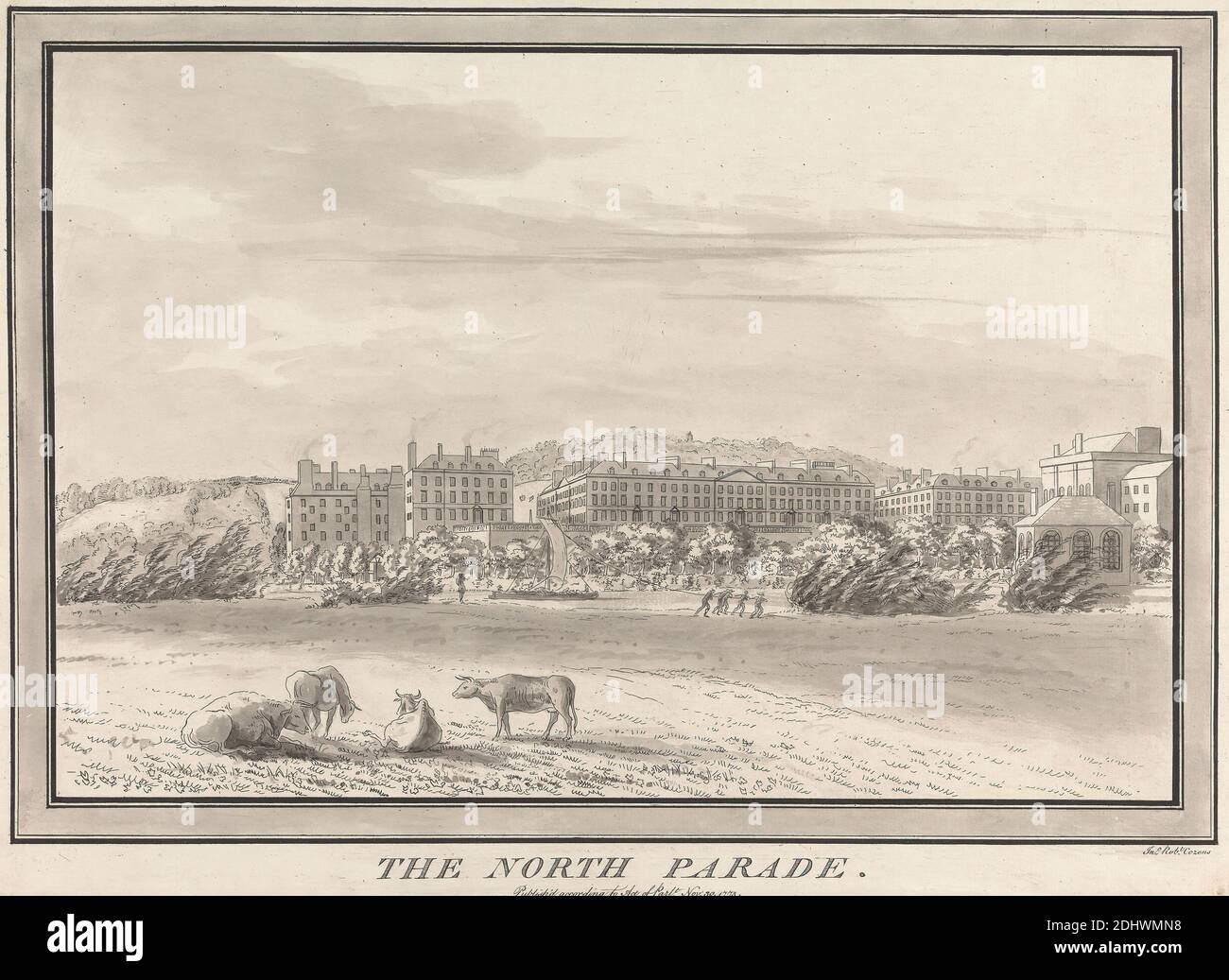 Bath: The North Parade, Print made by John Robert Cozens, 1752–1797, British, 1773, Etching, hand colored with gray wash on moderately thick, slightly textured, beige laid paper, Sheet: 10 13/16 x 14 13/16 inches (27.5 x 37.6 cm) and Image: 8 15/16 x 13 7/16 inches (22.7 x 34.1 cm), animal art, architectural subject, buildings, clouds, cows, field, grass, houses, labor, landscape, men, pulling, river, rope, sailboat, smoke, trees, wind, Avon, Bath, Bath and Northeast Somerset, England, North Parade, United Kingdom Stock Photo