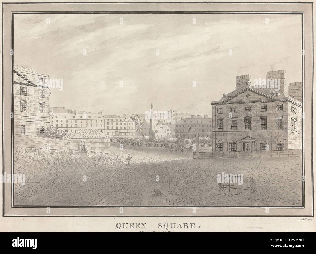 Bath: Queen Square, Print made by John Robert Cozens, 1752–1797, British, 1773, Etching, hand colored with gray wash on moderately thick, slightly textured, beige laid paper, Sheet: 10 15/16 x 14 7/8 inches (27.8 x 37.8 cm) and Image: 9 x 13 3/8 inches (22.8 x 34 cm), architectural subject, carriage, cobblestones, dogs (animals), fences, garden, genre subject, lampposts, litters, playing, sedan chairs, servants, spire, streets, tricorn, walking, wheels, Bath, Bath and Northeast Somerset, England, Queen Square, United Kingdom Stock Photo