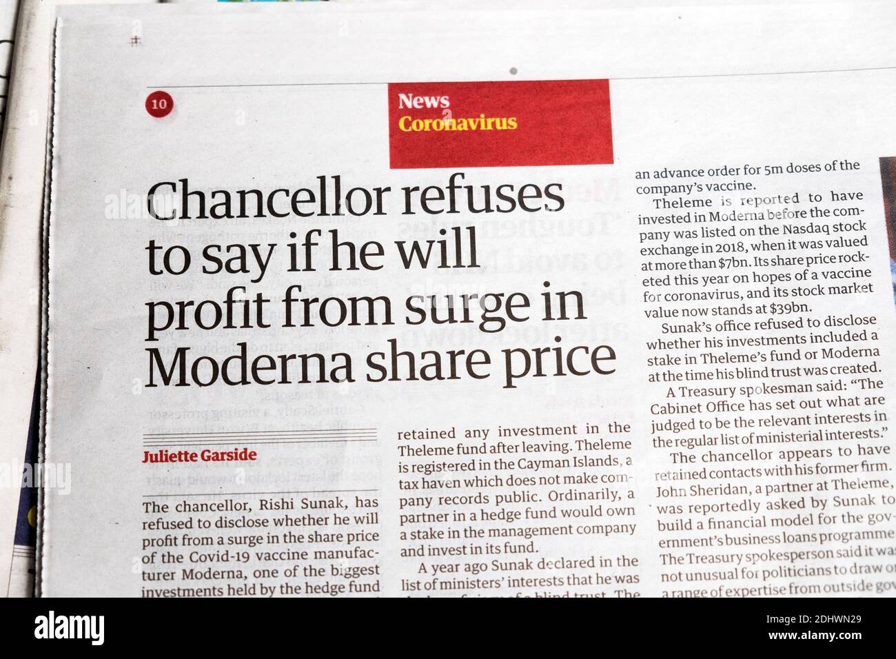 'Chancellor refuses to say if he will profit from surge in Moderna share price' Coronavirus Covid newspaper headline in Guardian London UK 18 Nov 2020 Stock Photo
