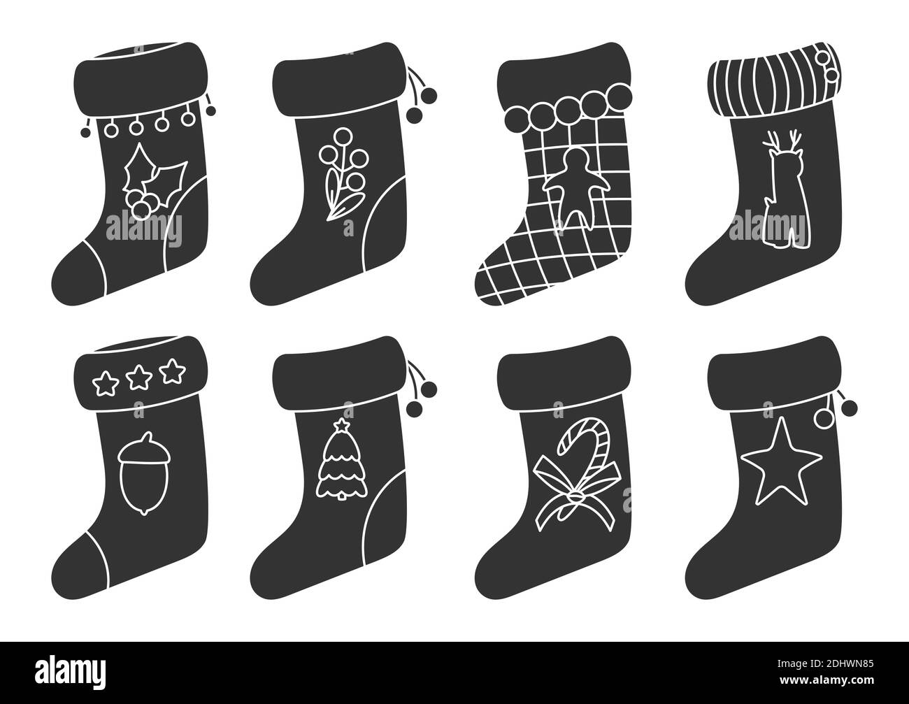 Christmas socks glyph set. Santa boots with fir-tree, star. Traditional retro Xmas stocking for gift. Accessories for winter presents. Home decoration on New Year Isolated on white vector illustration Stock Vector