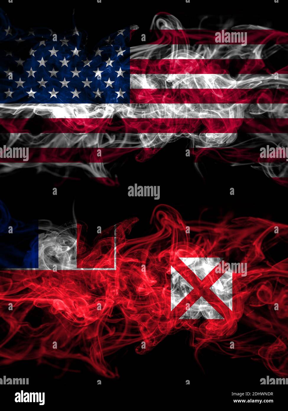 United States of America, America, US, USA, American vs France, French, Wallis and Futuna smoky mystic flags placed side by side. Thick colored silky Stock Photo