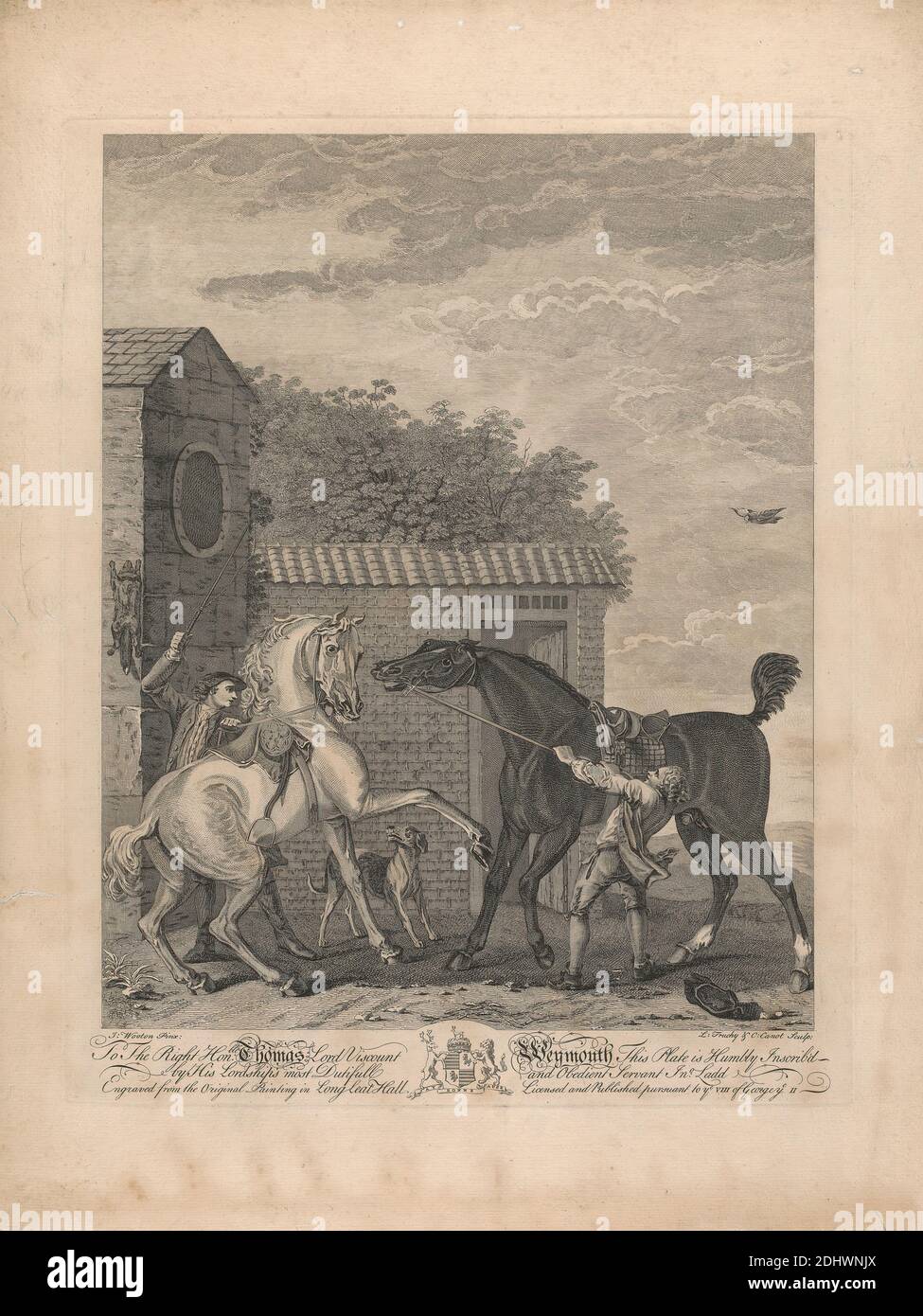 A set of seven, untitled, each dedicated: To the Right Hon'ble. Thomas Lord Viscount Weymouth...from the Original Painting in Long Leat Hall. Two horses standing restlessly outside a stable..., L. Truchy, 1721–1764, Pierre Charles Canot, ca. 1710–1777, French, active in Britain, after John Wootton, 1682–1764, British, 1735, Engraving, Sheet: 19 1/2 x 15 3/4in. (49.5 x 40cm Stock Photo