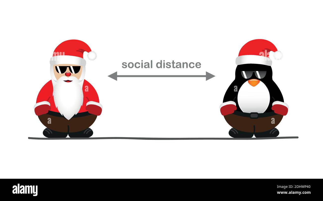 cute santa and penguin cartoon with sunglasses social distance concept ...