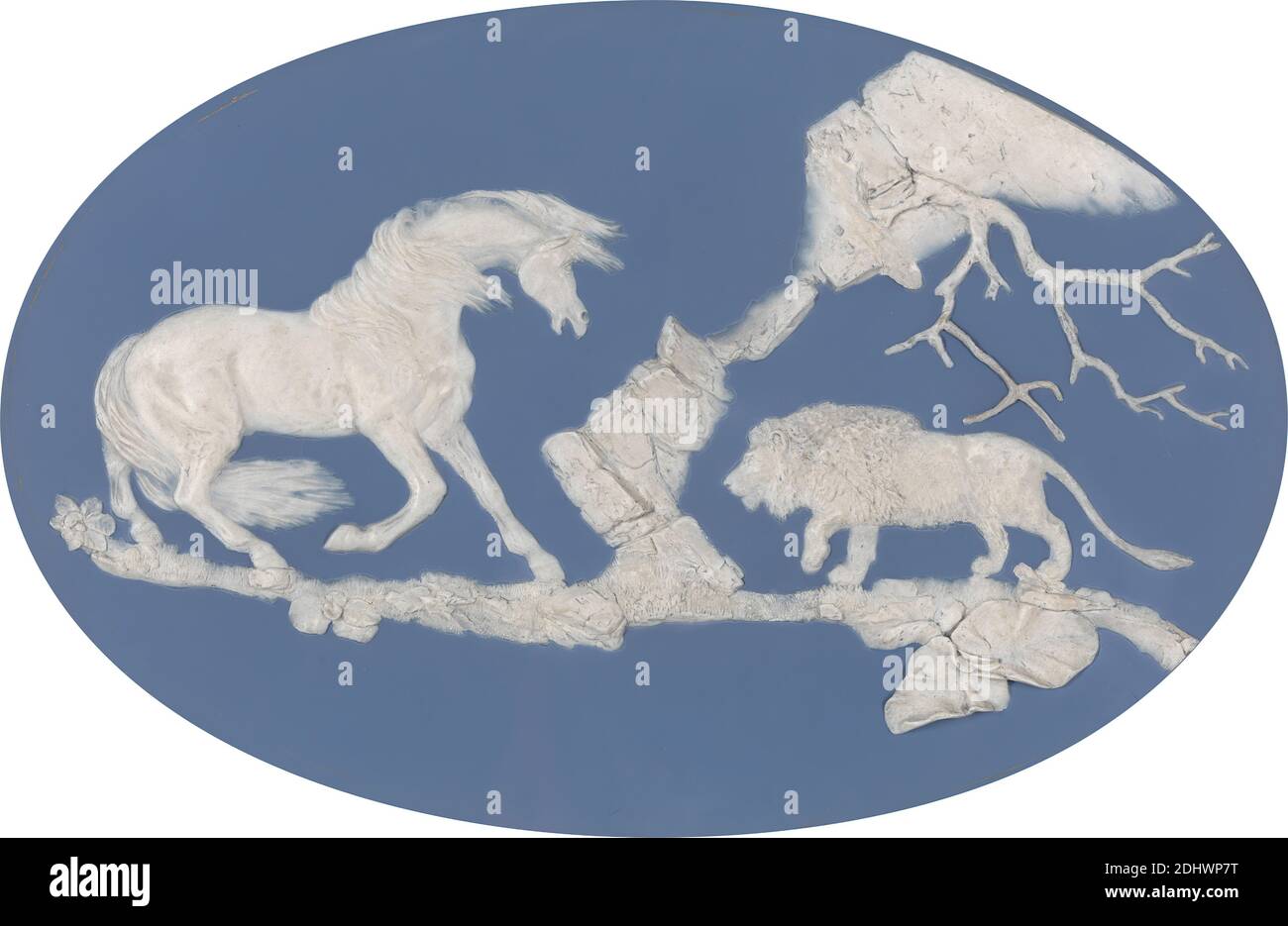 Horse Frightened by a Lion (Episode A), Josiah Wedgwood, 1730–1795, British, and Thomas Bentley, 1731–1780, British, after George Stubbs, 1724–1806, British, modeled 1780, Solid blue jasper with white relief, shallow oval, Image: 10 × 16 inches (25.4 × 40.6 cm) and Overall: 15 × 20 1/2 × 2 3/4 inches (38.1 × 52.1 × 7 cm), animal art, blue, fear, horse (animal), lion, oval, rocks (landforms), white Stock Photo