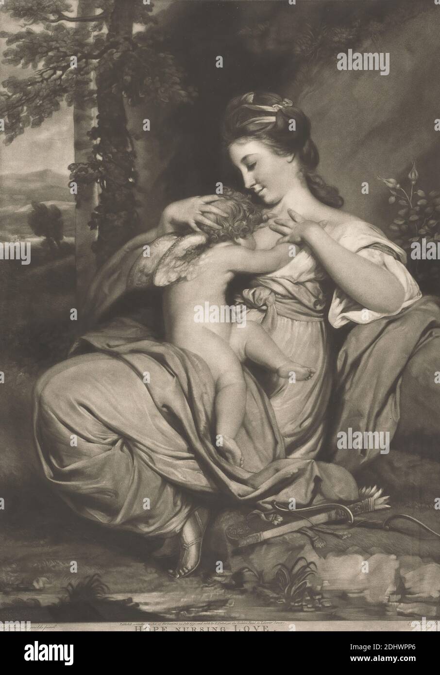 Miss Morris as 'Hope Nursing Love', Print made by Edward Fisher, 1722–1785, British, after Sir Joshua Reynolds RA, 1723–1792, British, 1771, Mezzotint ( 2nd state ) on medium, moderately textured, cream laid paper, Sheet: 26 1/2 × 19 1/4 inches (67.3 × 48.9 cm), Plate: 20 1/8 × 14 1/4 inches (51.1 × 36.2 cm), and Image: 19 7/8 × 14 1/8 inches (50.5 × 35.9 cm), arrows, bow, dress, hope, Hope, 'Spes'; 'Speranza divina e certa' (Ripa)  one of the Three Theological Virtues - MM - Virtues triumphant, love, mountains, nursing, suckling, portrait, religious and mythological subject, ribbon, rock Stock Photo