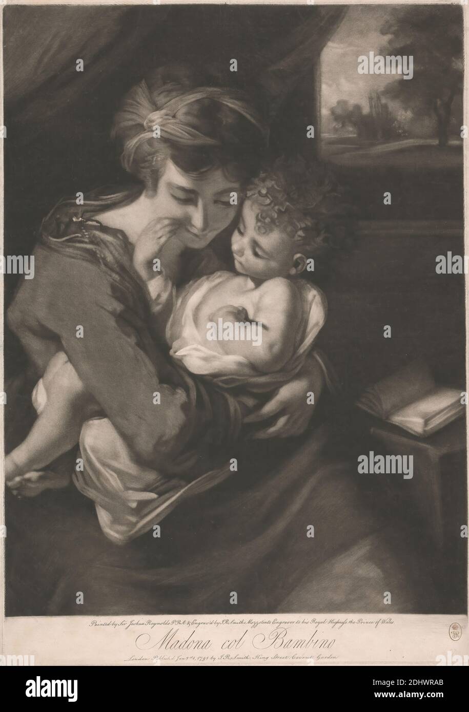 Madona col Bambino, Print made by John Raphael Smith, 1752–1812, British, after Sir Joshua Reynolds RA, 1723–1792, British, 1791, Mezzotint (Ham.II) on moerately thick, moderately textured, cream, laid paper, Sheet: 20 1/4 × 14 3/8 inches (51.4 × 36.5 cm), Plate: 19 7/8 × 14 1/16 inches (50.5 × 35.7 cm), and Image: 18 3/8 × 13 15/16 inches (46.7 × 35.4 cm), book, child, Christianity, curtain, embrace, love, Madonna: i.e. Mary with the Christ-child, mother, religious and mythological subject, trees, window Stock Photo