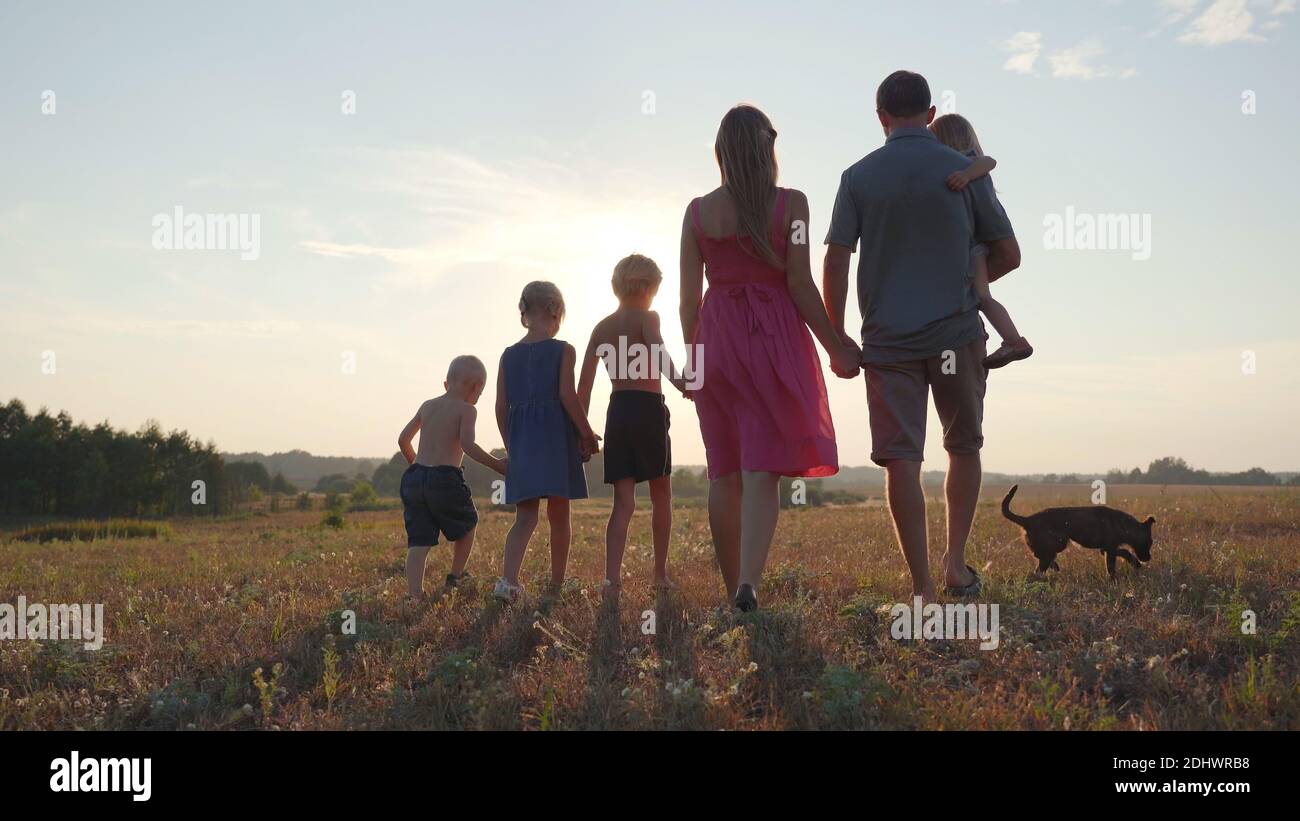 A friendly large family walks across the field at sunset with dog Stock ...