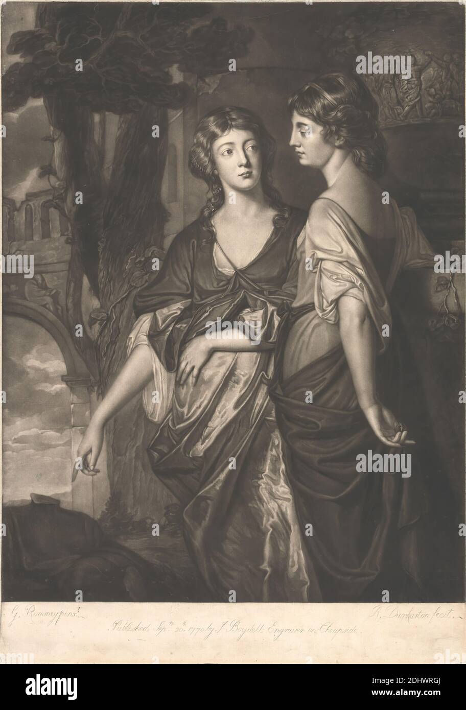 Sisters Contemplating on Mortality, Print made by Robert Dunkarton, 1744–1811, British, after George Romney, 1734–1802, British, 1770, Mezzotint (first state) on medium, slightly textured, cream laid paper, Sheet: 20 × 14 1/4 inches (50.8 × 36.2 cm), Plate: 19 7/8 × 14 inches (50.5 × 35.6 cm), and Image: 18 × 14 inches (45.7 × 35.6 cm), arch, clouds, contemplation, dresses, low-relief sculpture, Mortality, Extinction of Life, pointing, religious and mythological subject, ruins, silk (textile), skirts, sky, standing, statue, tree, vines, women Stock Photo