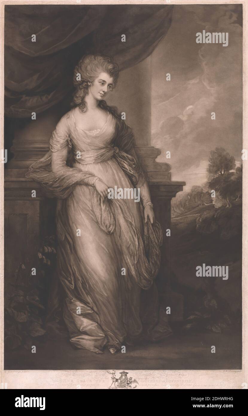 Her Grace the Duchess of Devonshire, Print made by William Whiston Barney, active 1805–1817, British, after Thomas Gainsborough RA, 1727–1788, British, Published by Thomas Palser, active 1803–1843, British, 1808, Mezzotint on thick, slightly textured, cream laid paper, Sheet: 28 1/4 × 18 3/4 inches (71.8 × 47.6 cm) and Image: 25 7/8 × 16 7/8 inches (65.7 × 42.9 cm Stock Photo