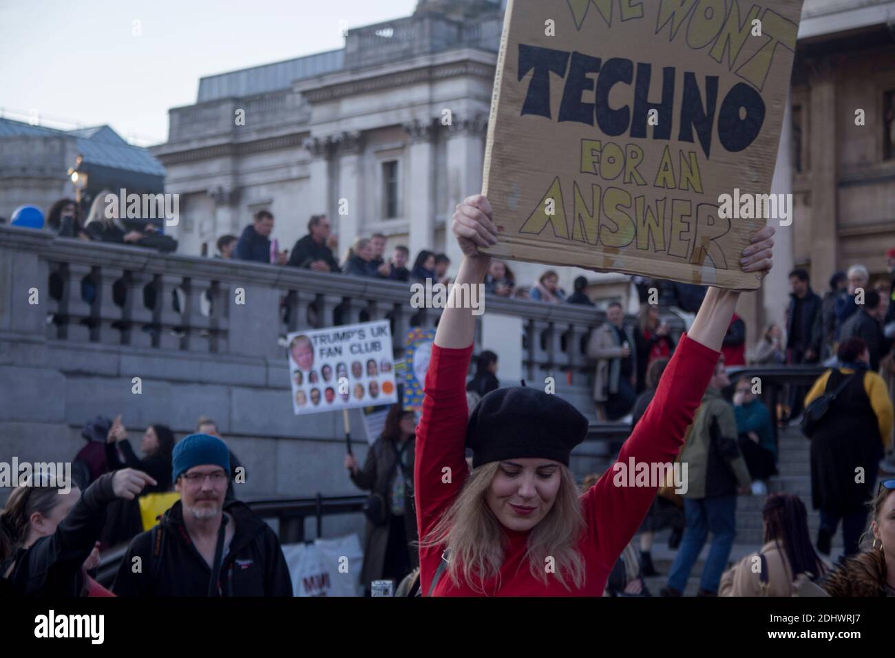 Anti Brexit female protestor holding a hand written placard saying “We wont Techno for an answer” Stock Photo