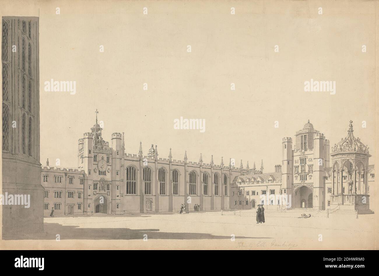 The Great Court, Trinity College, Cambridge, Michael 'Angelo' Rooker, 1746–1801, British, undated, Black ink and gray wash on moderately thick, slightly textured, cream laid paper, Sheet: 12 x 18 inches (30.5 x 45.7 cm), architectural subject, court, fountain, genre subject, professors, scholars, university, Cambridge, Cambridgeshire, England, Trinity College, Cambridge, Trinity Great Court, United Kingdom, University of Cambridge Stock Photo