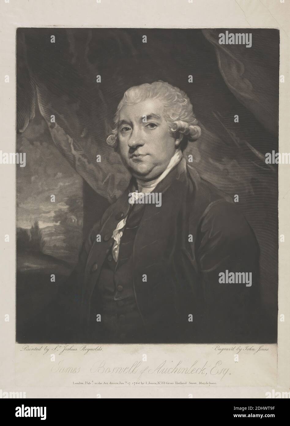 James Boswell of Auchinleck, Esq., Print made by John Jones, ca. 1745–1797, British, after Sir Joshua Reynolds RA, 1723–1792, British, 1786, Mezzotint on very thin, smooth, cream laid paper, Sheet: 17 7/8 × 12 1/4 inches (45.4 × 31.1 cm), Plate: 14 3/4 × 10 7/8 inches (37.5 × 27.6 cm), and Image: 13 × 10 7/8 inches (33 × 27.6 cm Stock Photo