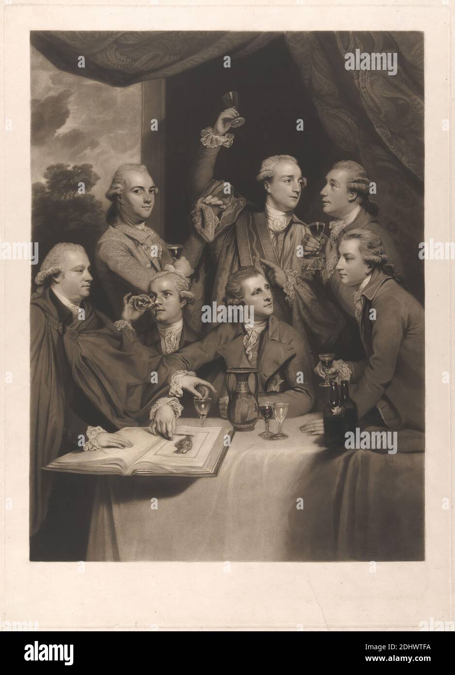 The Dilettanti Society, Print made by William Say, 1768–1834, British, after Sir Joshua Reynolds RA, 1723–1792, British, 1812, Mezzotint (proof before letters) on medium, slightly textured, cream laid paper, Sheet: 24 1/4 × 18 inches (61.6 × 45.7 cm), Plate: 23 1/8 × 16 5/8 inches (58.7 × 42.2 cm), and Image: 19 3/4 × 14 3/4 inches (50.2 × 37.5 cm), book, bottles, conversation piece, costume, drinking glasses, food, genre subject, Grand Tour, men, portrait, society, vase, wine Stock Photo