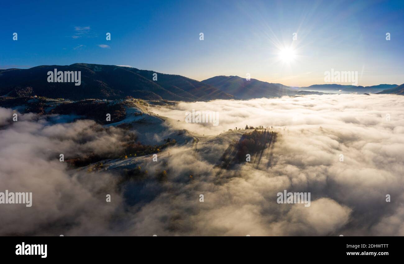 Aerial drone shot moody misty hi-res stock photography and images - Alamy