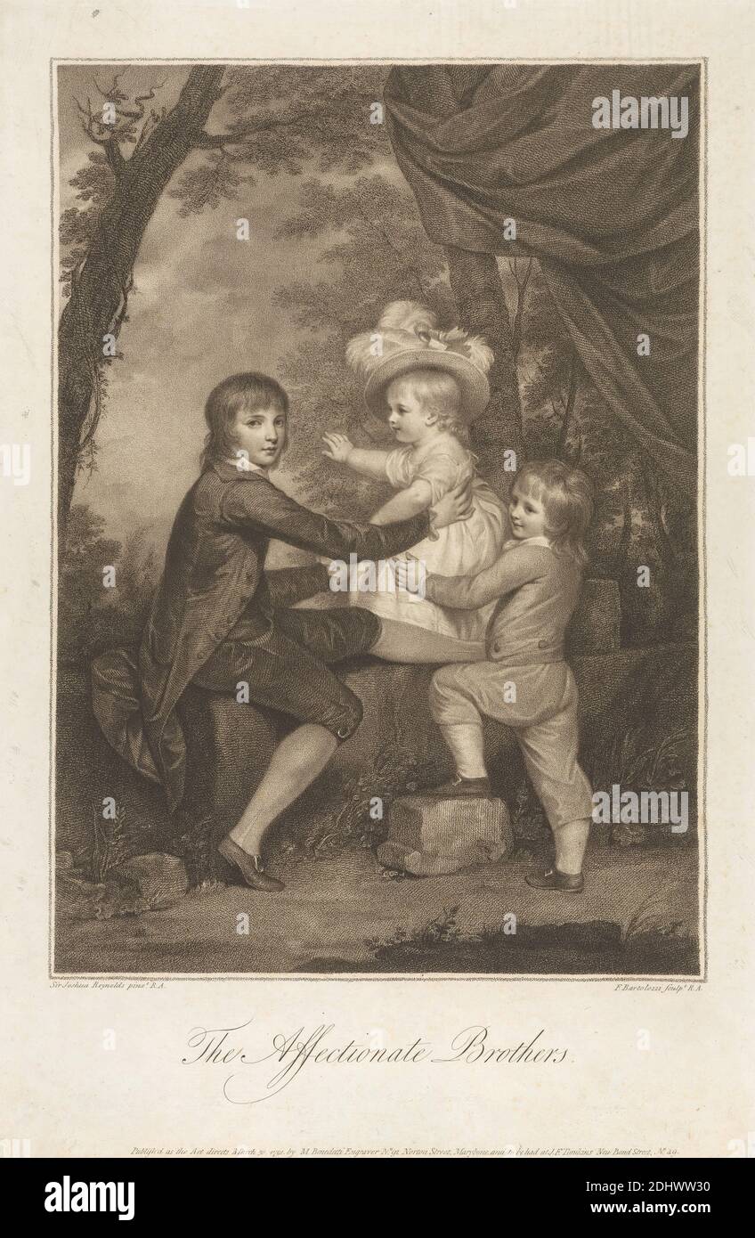 Peniston, William, and Frederick James Lamb: The Affectionate Brothers, Print made by Francesco Bartolozzi RA, 1728–1815, Italian, active in Britain (1764–99), after Sir Joshua Reynolds RA, 1723–1792, British, Published by Michele Benedetti, 1745–1810, Italian, 1791, Stipple engraving and etching on moderately thick, slightly textured, cream laid paper, Sheet: 17 1/16 × 11 9/16 inches (43.4 × 29.4 cm) and Image: 13 9/16 x 9 11/16 inches (34.4 x 24.6 cm), affection, boys, breeches (trousers), brothers, buckles, children, costume, curtain, dress, family, feathers, hat, holding, nobility Stock Photo