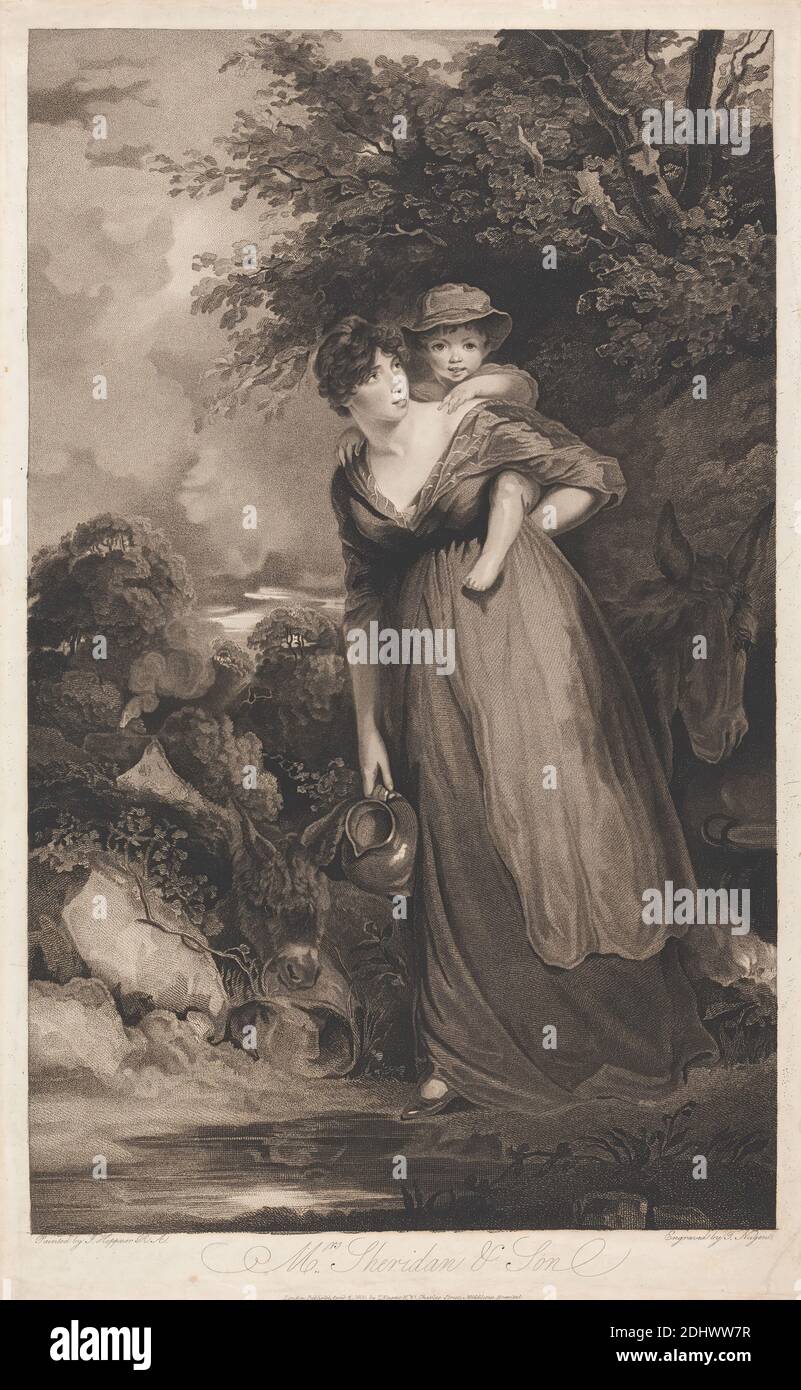 Mrs. Sheridan and Her Son, Print made by Thomas Nugent, active 1785–1798, after John Hoppner, 1758–1810, British, 1800, Stipple engraving (proof) on moderately thick, moderately textured, cream, wove paper, Sheet: 25 3/4 × 15 15/16 inches (65.4 × 40.5 cm) and Image: 23 11/16 × 14 11/16 inches (60.2 × 37.3 cm Stock Photo