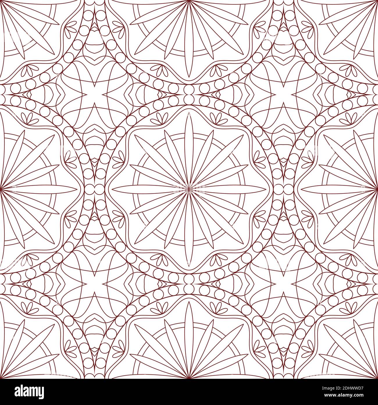 Mandala flower seamless pattern vector. A symmetrical round red line ornament. Can be used for design of fabric, covers, wallpapers, tiles. Stock Vector